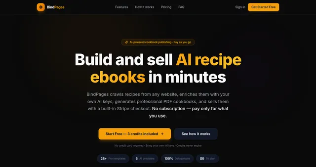 The BindPages product website for turning recipes into cookbooks