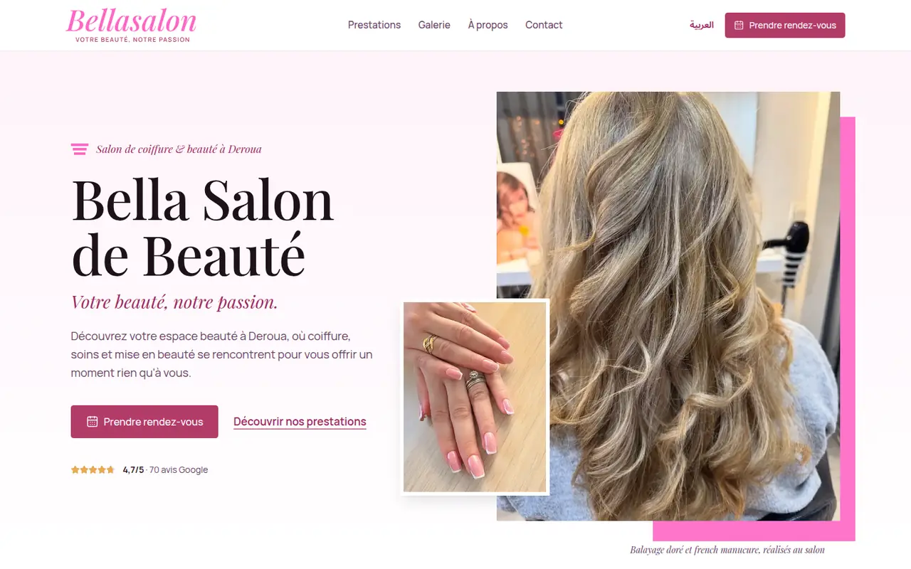 The Bella Salon website homepage with services and booking button