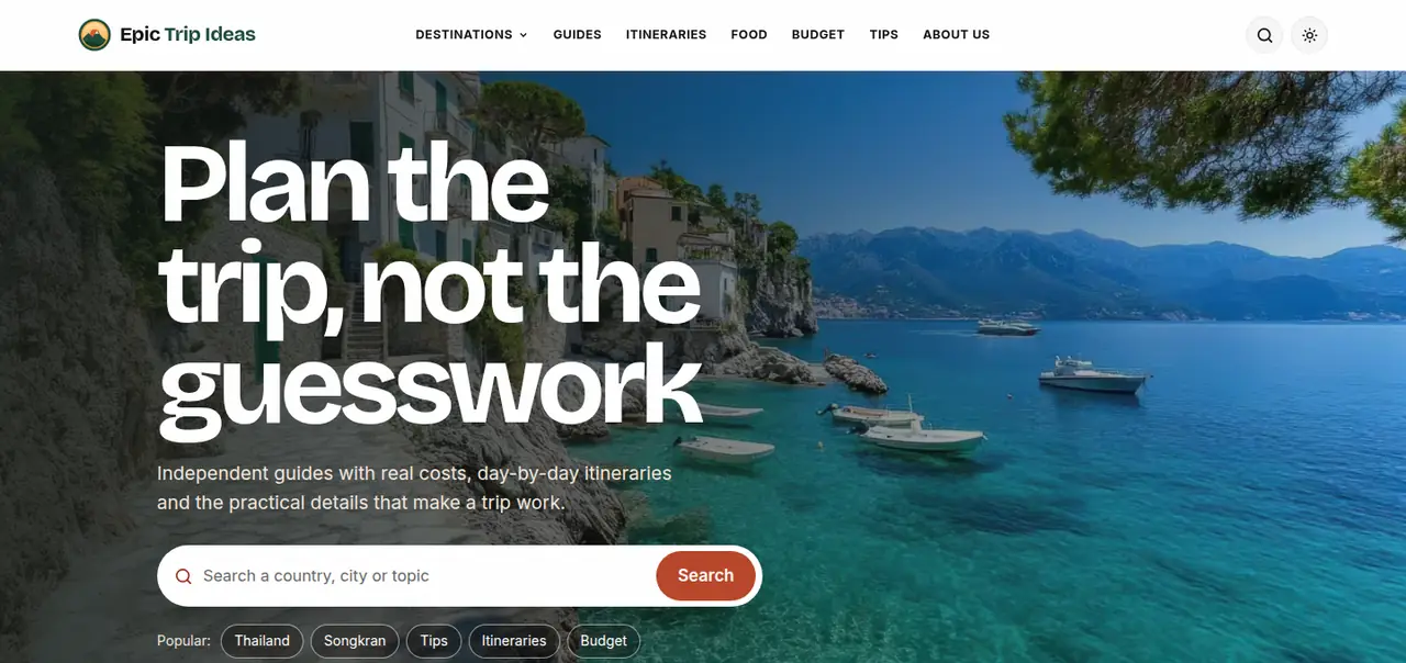 The Epic Trip Ideas homepage with destination search