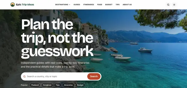 The Epic Trip Ideas homepage with destination search