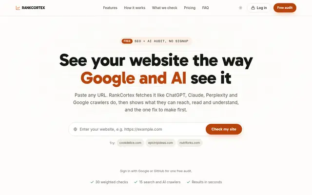 The RankCortex product website presenting SEO audits and monitoring