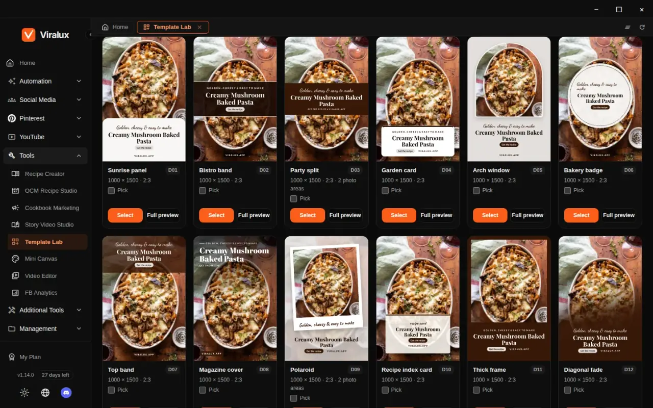 The Viralux Template Lab, showing content design templates in the desktop app